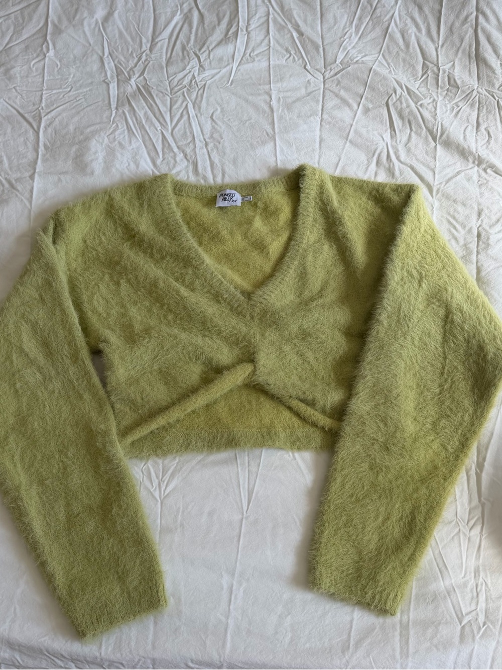 Princess Polly Fuzzy V-Neck Cropped Sweater in Lime